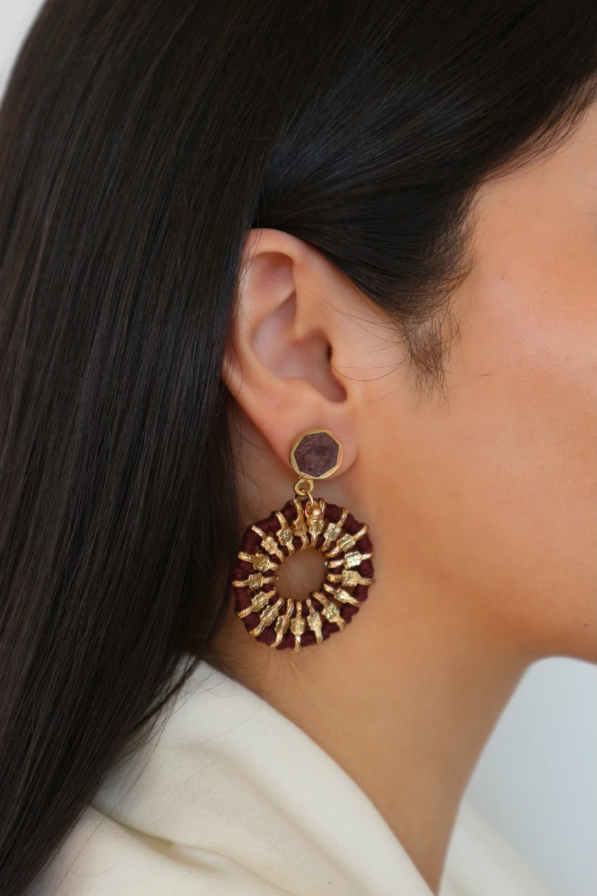 Woven Drop Hoop Earrings in Bordeaux